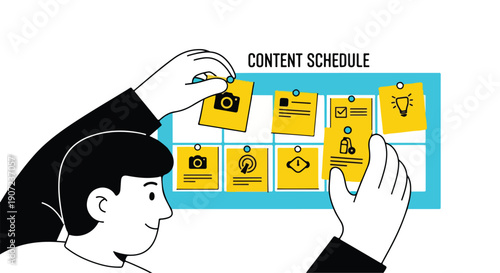 Vector illustration of hands organizing content schedule on a board with sticky notes, planning social media posts, isolated on white