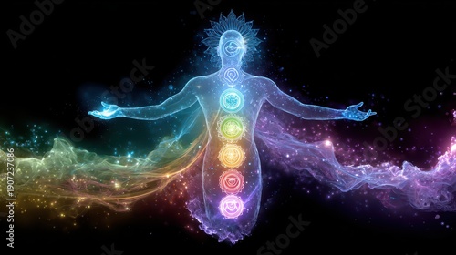 A glowing human silhouette displaying seven colorful chakras aligned along the spine with vibrant energy waves swirling around it on a dark background.