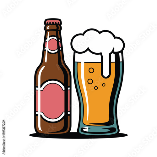 A cartoon illustration of a beer bottle and a glass of beer with foam on a white background