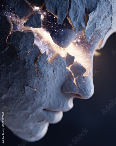 A close-up of a cracked, textured face sculpture with glowing particles and light shining through the fractures, symbolizing inner light or awakening.