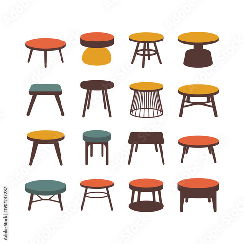 A collection of colorful stools and ottomans in various styles and designs, arranged in rows on a white background.