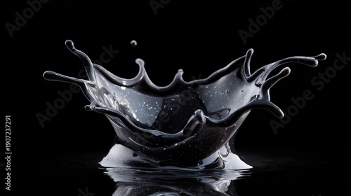 A high-speed photo captures a silver liquid splash forming a crown shape against a black background.