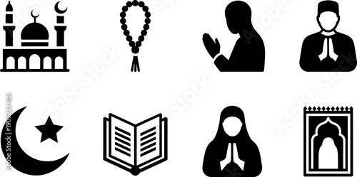 Islamic icons collection, mosque silhouette with minarets, prayer beads tasbih, crescent moon star, Quran book, prayer rug, worship posture, cultural religious heritage illustration