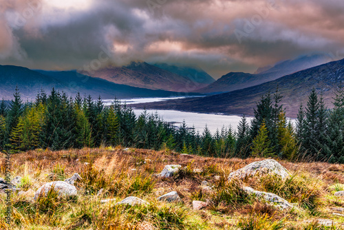 Wallpaper Mural Dramatic sunset over Loch Loyne in the Scottish Highlands, with calm lake water, autumn grass in the foreground, dark forests and distant mountains beneath heavy clouds, creating a powerful wilderness Torontodigital.ca
