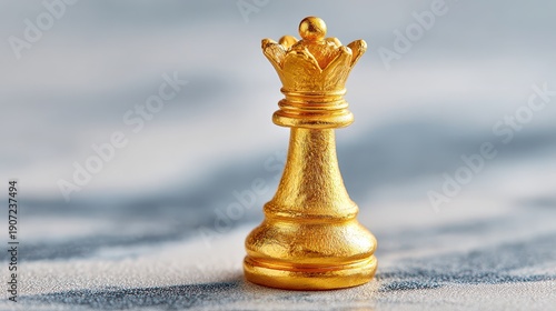 A golden queen chess piece stands prominently on a textured surface with a blurred blue background.