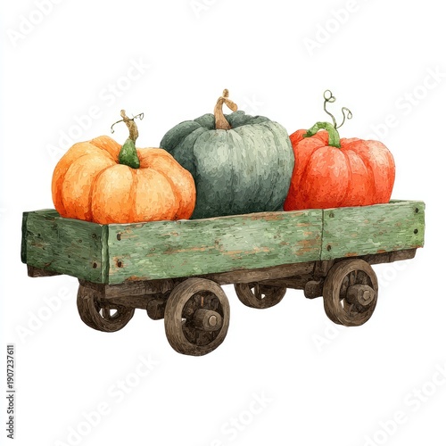 Wallpaper Mural Watercolor of a green wagon carrying three pumpkins, orange, green, and red Torontodigital.ca