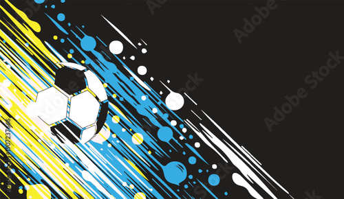 Dynamic soccer ball with vibrant yellow and blue abstract splashes and white streaks on black for sports event design