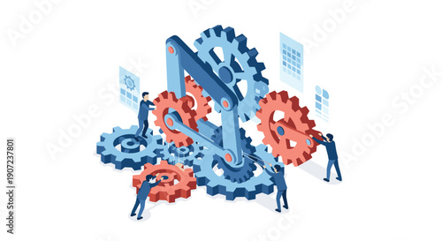 A team of people collaborates to assemble a large machine of gears and cogs, symbolizing teamwork, process, and engineering.