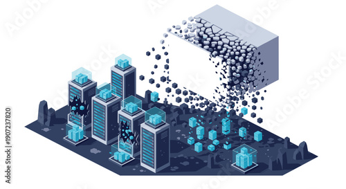 An isometric server farm experiences a catastrophic data collapse, with servers corrupting and a structure disintegrating.