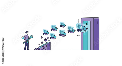 A person with a wrench releases a flock of digital currency birds from a barrier into a smartphone, symbolizing fintech.