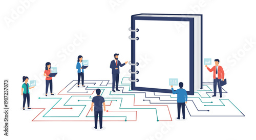 A team of professionals collaborates around a giant open notebook, connected by circuit-like lines for strategic planning.