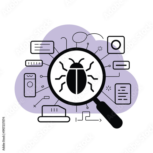A magnifying glass with a bug icon is used to detect and fix software bugs and errors in computer systems and applications.