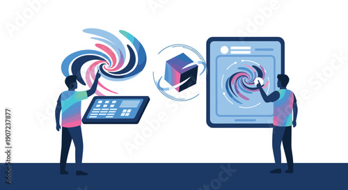 Two artists collaborate digitally, transferring a creative swirl from a tablet to another screen as a 3D data cube.