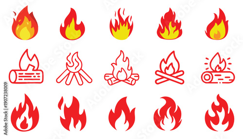 Collection of vibrant fire icons in various styles and shapes on transparent background