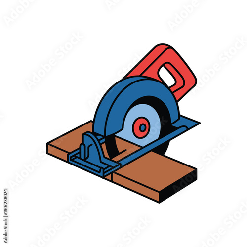 A circular saw cutting through a piece of wood in a workshop setting with various tools and equipment.