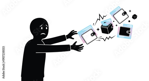 A sad person reaches for wallets flying away, symbolizing financial loss, debt, bankruptcy, or economic insecurity concepts.