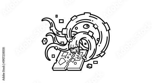 A line art illustration of a cosmic tentacle monster emerging from a digital portal and breaking a tablet, symbolizing a hack.