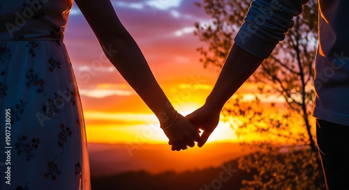 Silhouette of a young couple holding hands against a beautiful sunset sky in nature