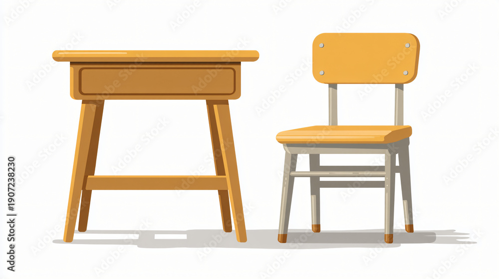 Fototapeta premium Illustration of a wooden school desk and chair, isolated on white background