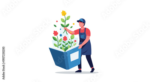 A person holding an open book from which vibrant flowers grow, representing the concept of knowledge, growth, and creativity.