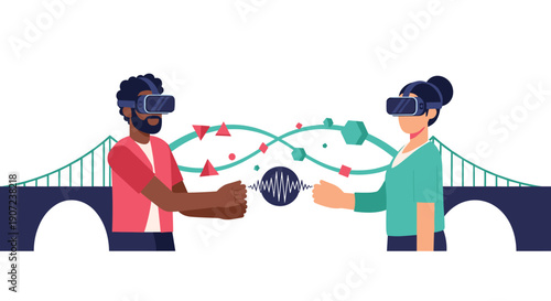 Man and woman in VR headsets connect across a symbolic bridge, sharing data and interacting in the metaverse virtual world.