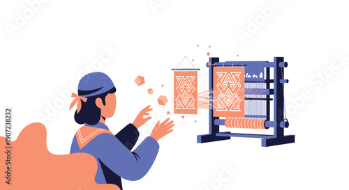 A weaver at a traditional loom creates a patterned textile, blending ancient craft with modern digital or abstract elements.