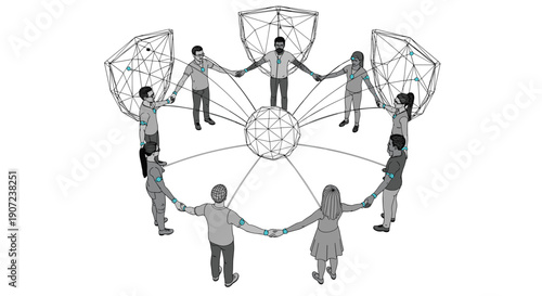 Diverse group of people holding hands in a global network, symbolizing community, collaboration, and worldwide protection.