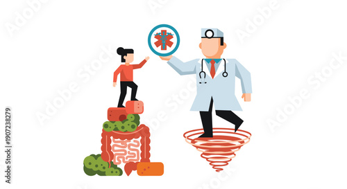 A person with a digestive disease gets help from a doctor, representing gastroenterology and medical treatment for gut health.