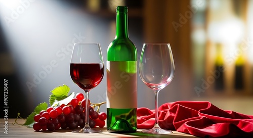 Bottle of red wine with two glasses and grapes on a wooden table