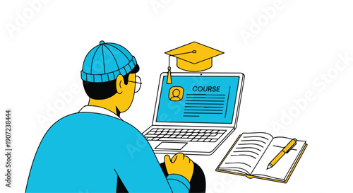 Vector illustration of student learning online with laptop, graduation cap, and textbook. E-learning course concept, isolated on white.