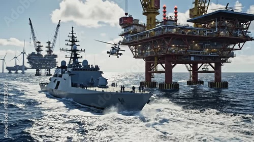 Military Naval Ship and Offshore Oil Rig Platform.