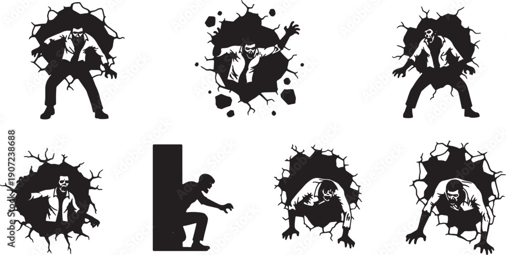 Fototapeta premium Black Solid Zombie Bursting Through Walls Silhouettes Set of Six on White Background