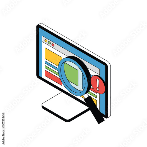 A computer monitor displaying a webpage with a magnifying glass hovering over it, indicating a search or inspection of the online content.