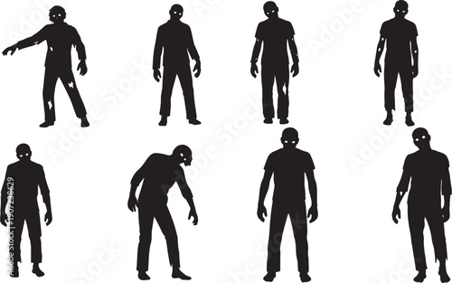 Black Solid Zombie Advanced Decay Silhouettes Set of Six on White Background