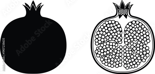 Black and white pomegranate vector icon set, minimalist line art fresh fruit silhouettes, organic food symbols for kitchen decor, ornament