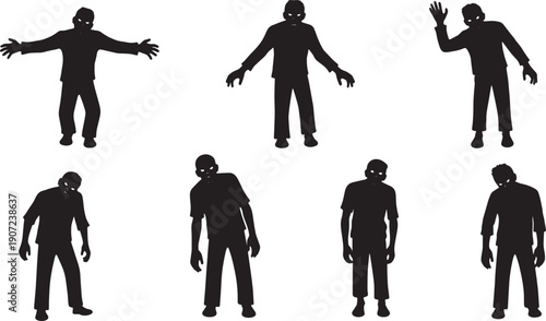Black Solid Zombie Anger Stages Silhouettes Set of Six on White Background