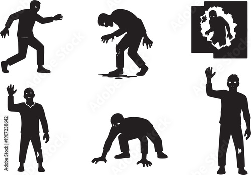 Black Solid Zombie Acts of Destruction Silhouettes Set of Six on White Background