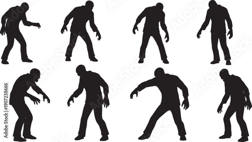 Black Solid Zombie Attack Stances Silhouettes Set of Six on White Background