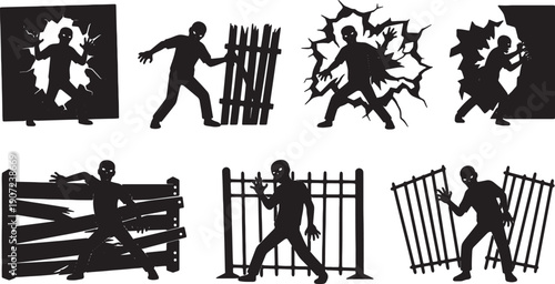 Black Solid Zombie Breaking Barriers Silhouettes Set of Six on White Background