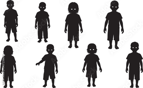 Black Solid Zombie Children Silhouettes Set of Six on White Background