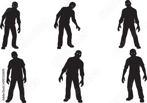 Black Solid Zombie Classic Horror Pose Silhouettes Set of Six on White Background