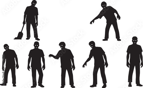 Black Solid Zombie Dragging Limping Silhouettes Set of Six on White Background