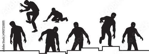 Black Solid Zombie Escaping Facility Silhouettes Set of Six on White Background