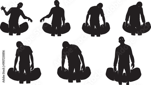 Black Solid Zombie Emerging from Mist Silhouettes Set of Six on White Background