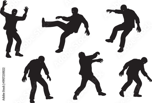 Black Solid Zombie Falling Stumbling Silhouettes Set of Six on White Background