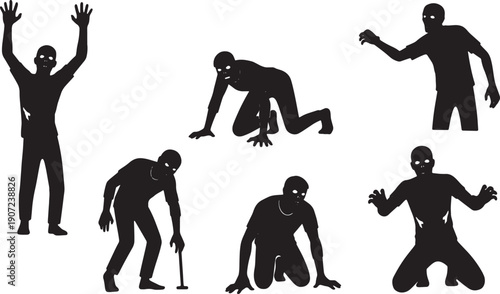 Black Solid Zombie Getting Up from Ground Silhouettes Set of Six on White Background
