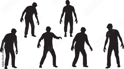 Black Solid Zombie Glowing Red Eyes Silhouettes Set of Six on White Background