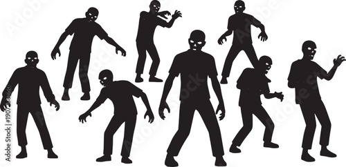Black Solid Zombie Group Attack Silhouettes Set of Six on White Background