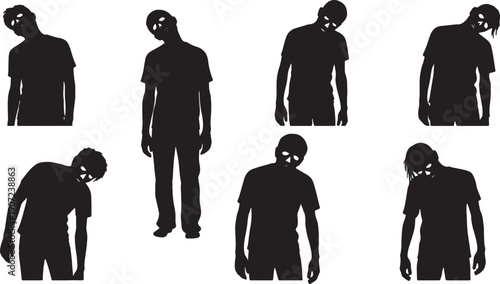 Black Solid Zombie Heads Tilted Silhouettes Set of Six on White Background