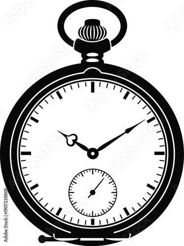 Black and white vintage pocket watch vector illustration, minimalist antique timepiece silhouette, classic clockwork face with roman numerals and hands